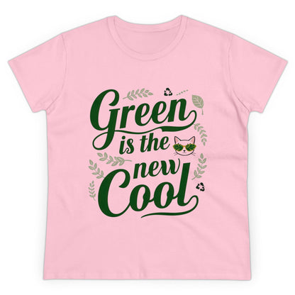 Womens T-Shirt Green Is The New Cool Nature Shirts Tops Short Sleeve Regular Fit Cotton Funny Cat Tees