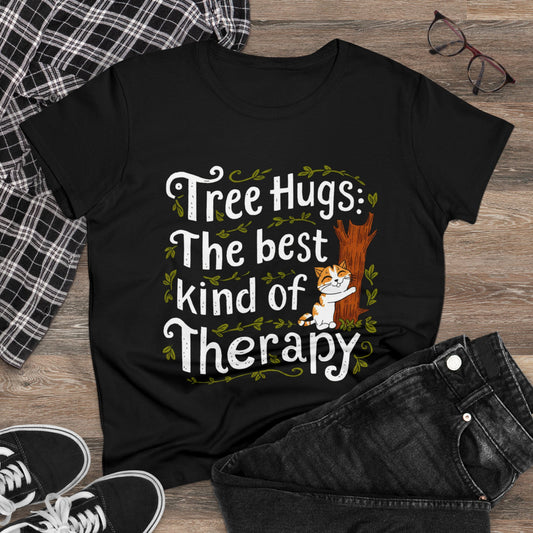 Womens T-Shirt Tree Hug Best Kind of Therapy Nature Shirt Tops Short Sleeve Regular Fit Cottagecore Funny Cat Tees