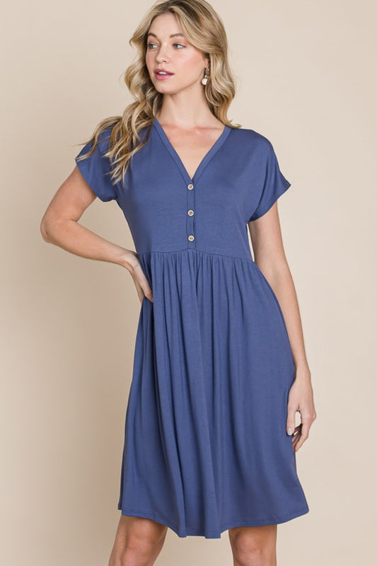 Button V Neck Short Sleeve Dress In Blue