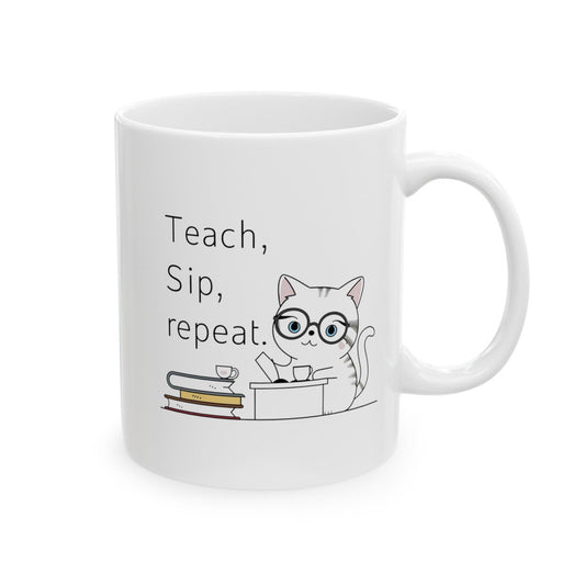 Billien Teacher's Meow Printify 11oz Coffee Mugs Holiday Picks Home & Living Kitchen Mugs Sublimation Valentine's Day Valentine's Day Picks White base