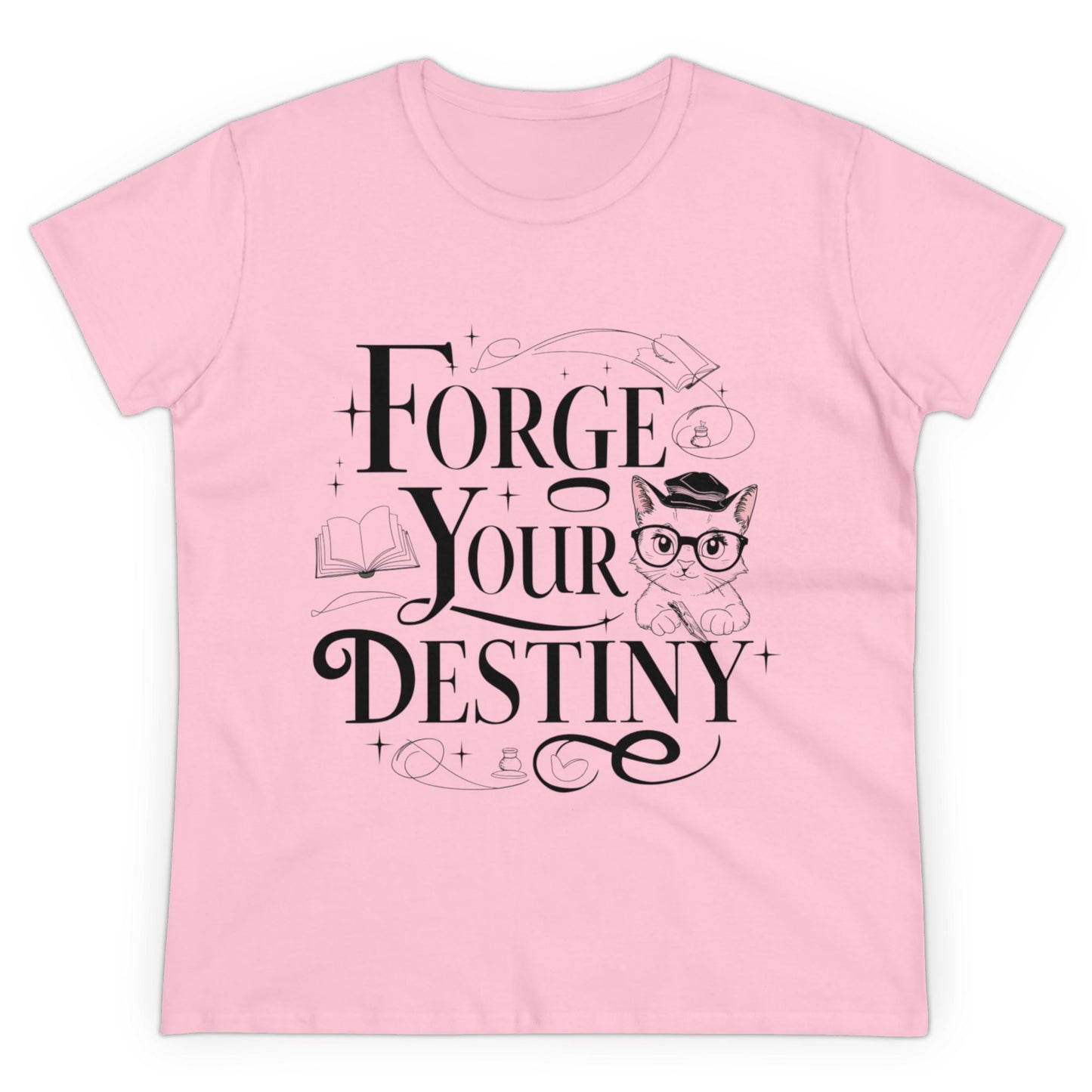 Womens Tee Forge Your Destiny Book Lovers Shirts Tops Short Sleeve Regular Fit Cotton Funny Cat T-Shirt