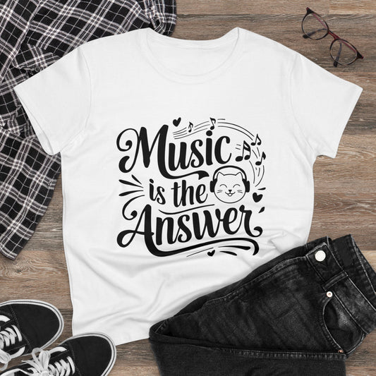 Womens T-Shirt Music Is The Answer Cat Rock Music Food Shirts Tops Short Sleeve Regular Fit Cottagecore Funny Cat Tee