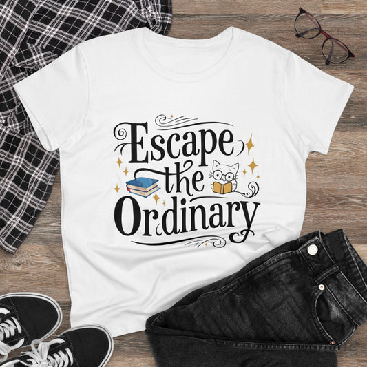 Womens Tee Escape The Ordinary Book Lover Shirts Tops Short Sleeve Regular Fit Cottagecore Funny Cat T-Shirt