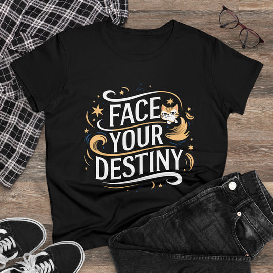 Womens Tshirt Face Your Destiny Cat Mom Shirts Tops Short Sleeve Regular Fit Cottagecore Funny Cat Graphic Tees