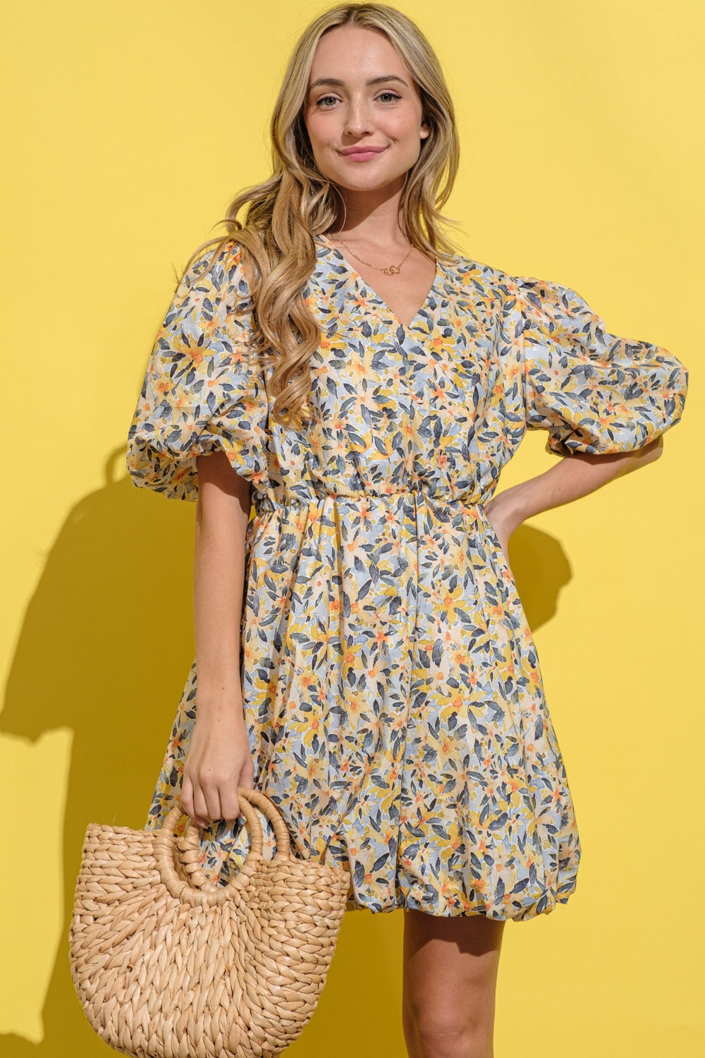 Floral Surplice Puff Sleeve Dress.