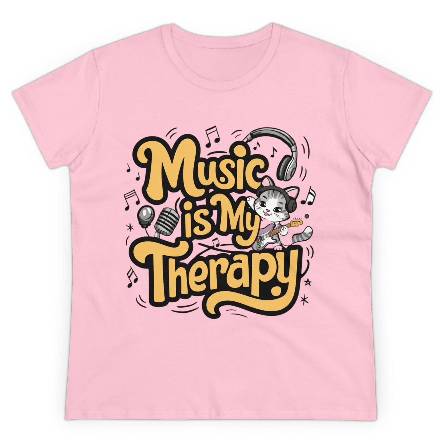 Womens Tees Music Is My Therapy Cat Rock Music Shirts Tops Short Sleeve Regular Fit Cotton Funny Cat Tshirts