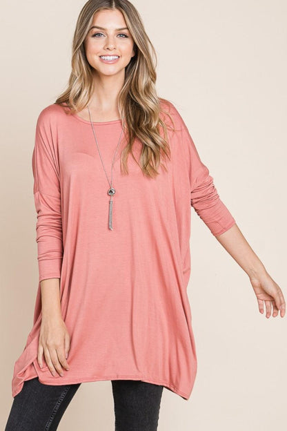 Round Neck Long Sleeve Oversized Top In Brick