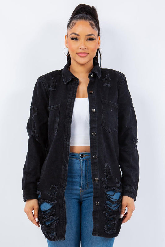 Distressed Button Up Long Sleeve Denim Jackets