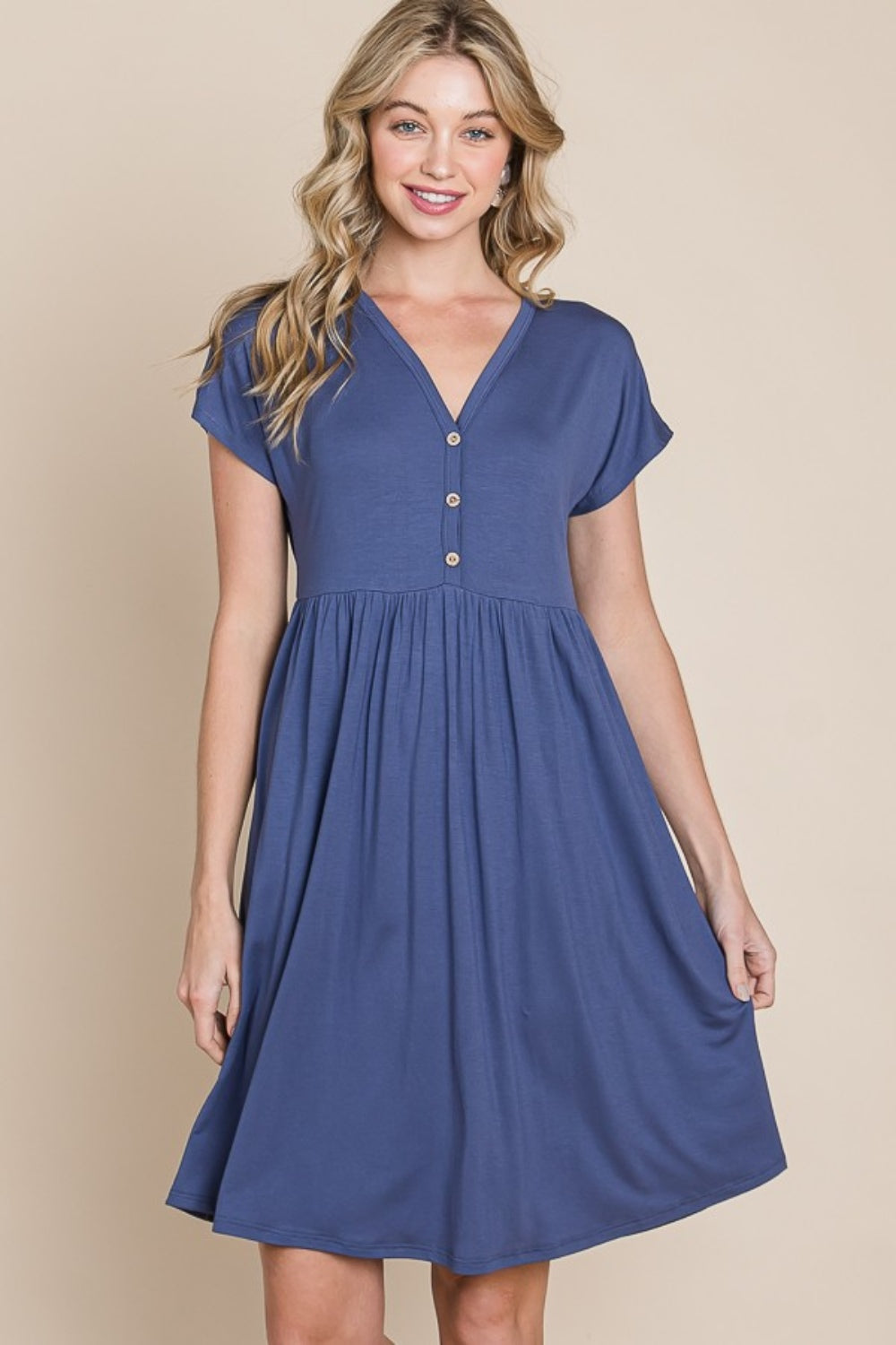 Button V Neck Short Sleeve Dress In Blue