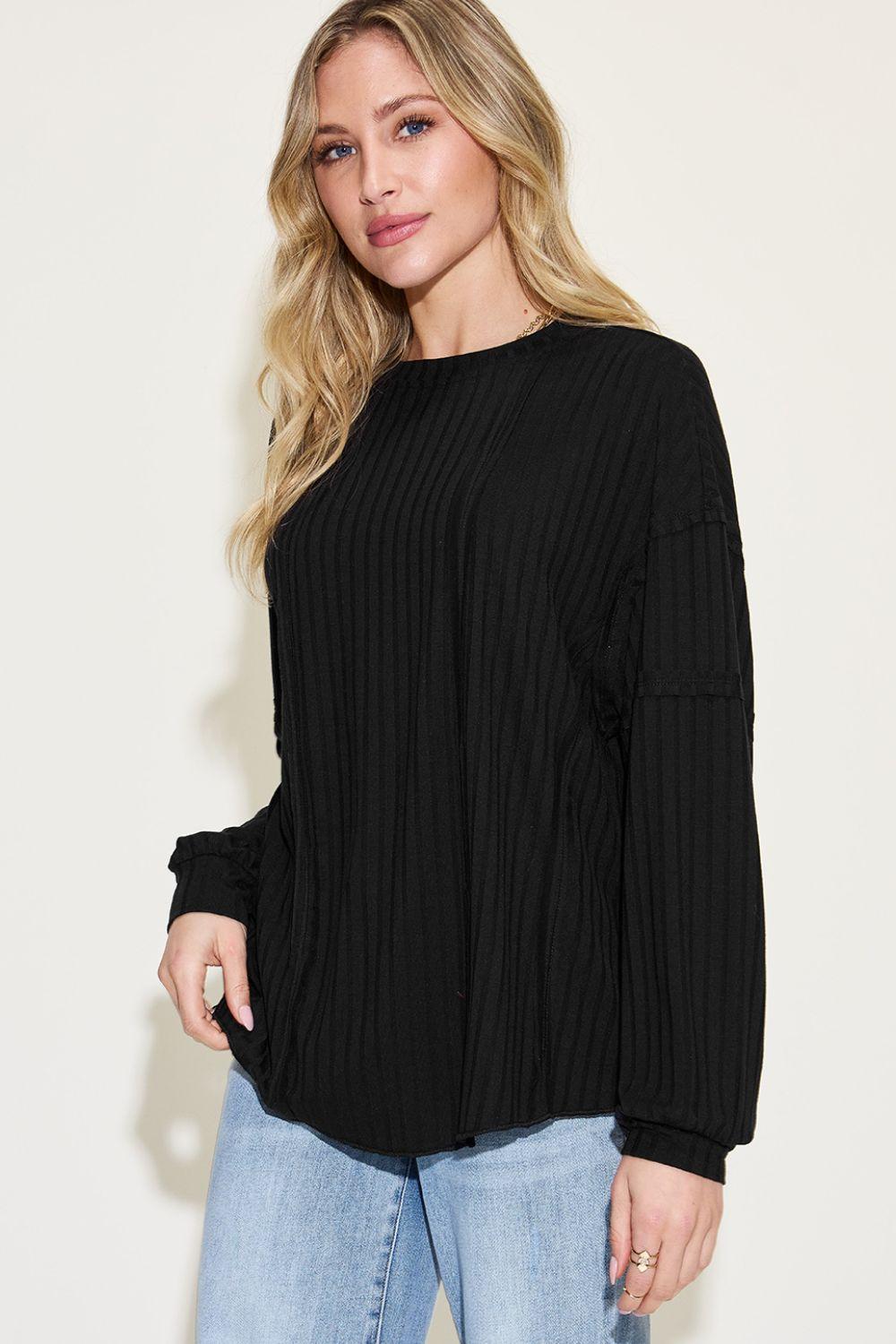 Ribbed Round Neck Long Sleeve T-Shirt