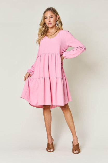 V-neck Dress with fluffy Balloon Sleeves with Pockets