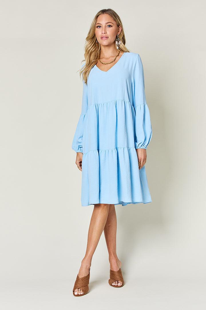 V-neck Dress with fluffy Balloon Sleeves with Pockets