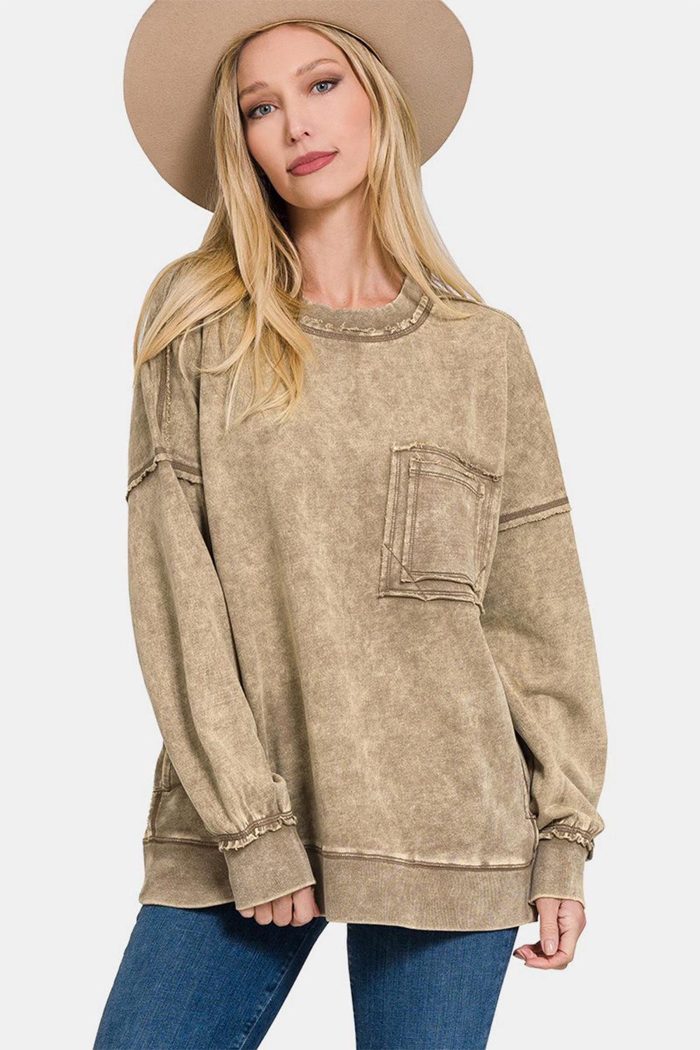 Exposed Seam Round Neck Dropped Shoulder Sweatshirt In Mocha