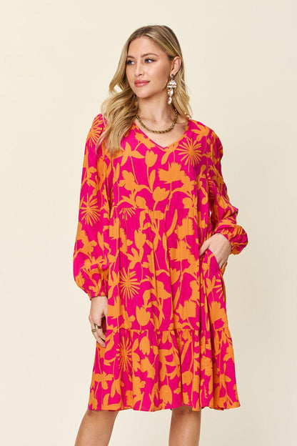 Printed Dress Long Ruffle Sleeve Dress Tiered Mini Dress with Pockets