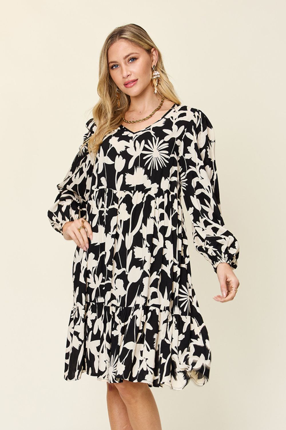 Printed Dress Long Ruffle Sleeve Dress Tiered Mini Dress with Pockets