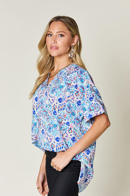 Printed V-Neck Short Sleeve Blouse