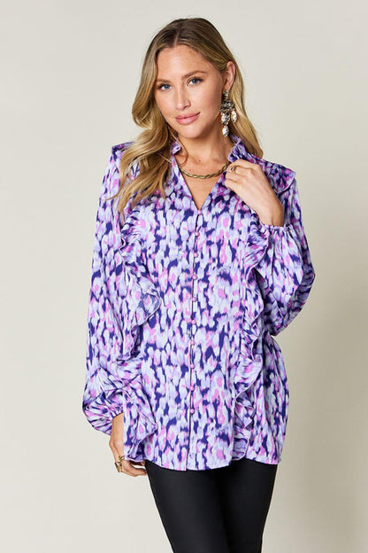 Ruffle Trim Balloon Sleeve Shirt