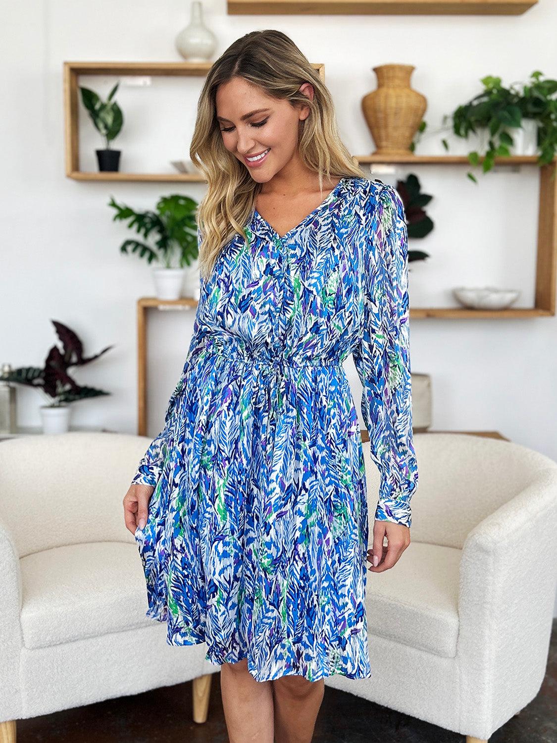 Printed Drawstring Waist Long Sleeve Dress