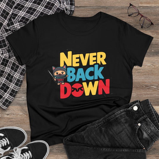 Womens Girls Never Back Down Tee Gift Shirts Tops Short Sleeve Regular Fit Cottagecore Funny Cat Graphic T-Shirt