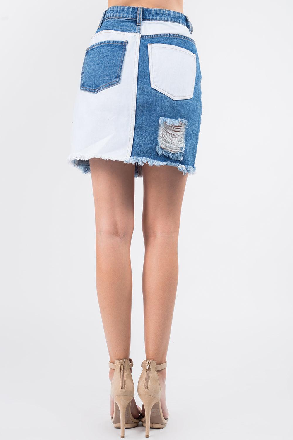 Contrast Patched Frayed Denim Distressed Skirt.