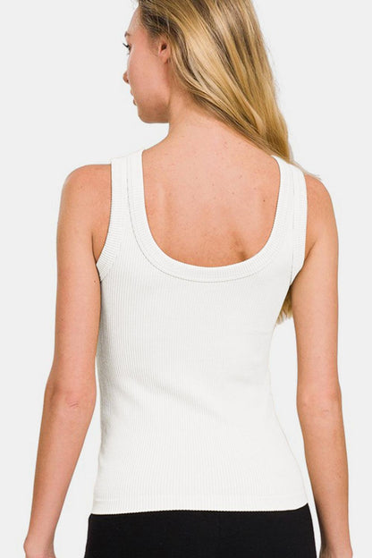 2 Way Neckline Washed Ribbed Tank In White