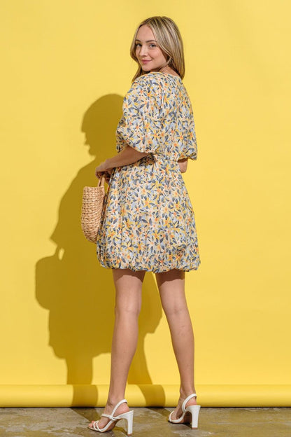 Floral Surplice Puff Sleeve Dress.