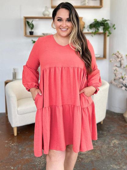 V-neck Dress with fluffy Balloon Sleeves with Pockets