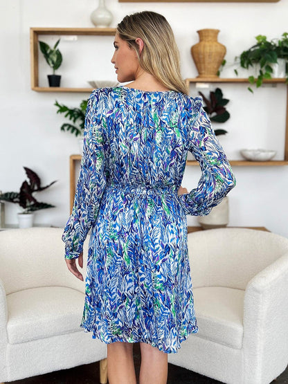 Printed Drawstring Waist Long Sleeve Dress