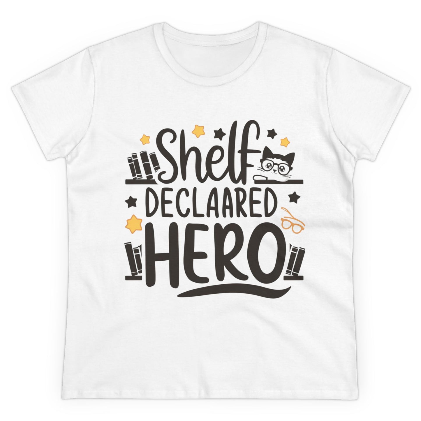 Womens Tee Self Declared Hero Book Lovers Shirts Tops Short Sleeve Regular Fit Cotton Funny Cat T-Shirt