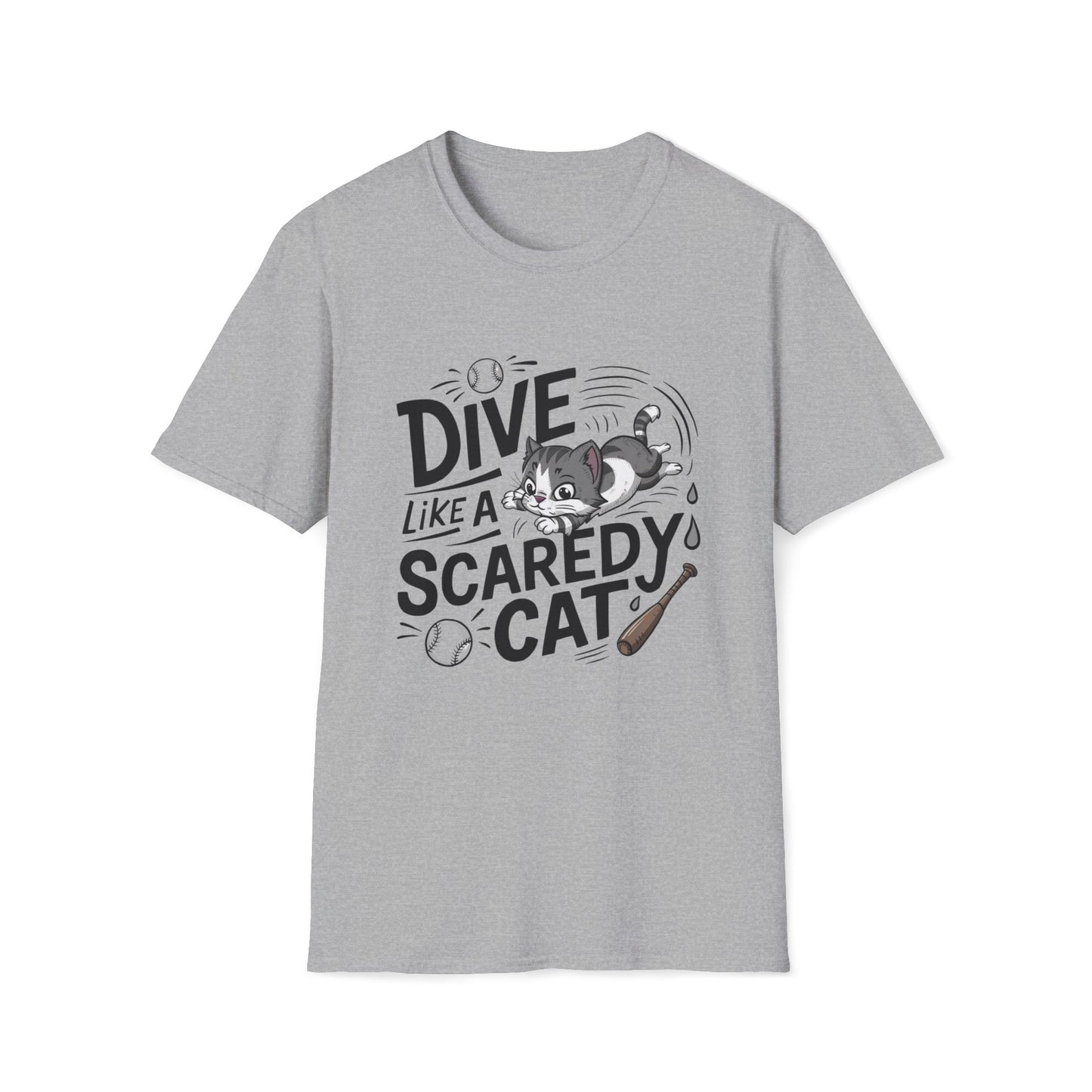 Men's Tee Dive Like Scaredy Cat Baseball Player Short Sleeves Casual Regular Fit Cotton Funny Cat Baseball Tee