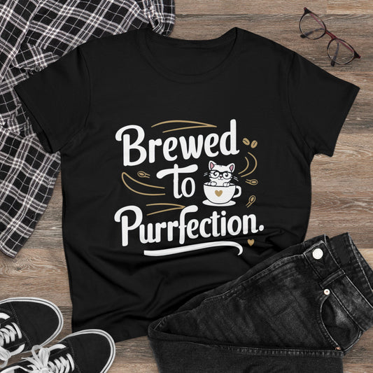 Womens Tees Brewed To Purrfection Coffee Lover Shirts Tops Short Sleeve Regular Fit Crew Neck Cotton Funny Cat T-Shirt