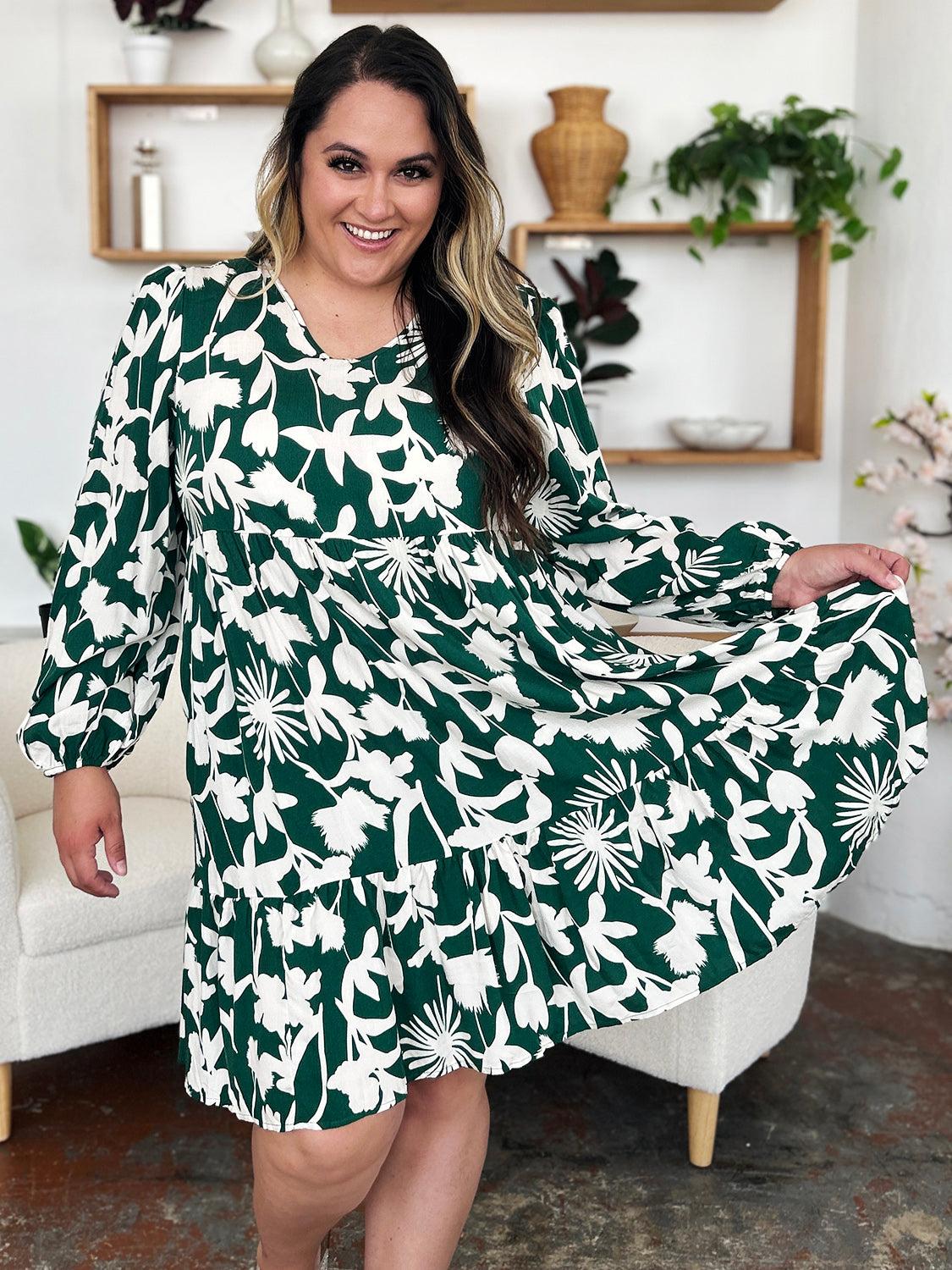 Printed Dress Long Ruffle Sleeve Dress Tiered Mini Dress with Pockets