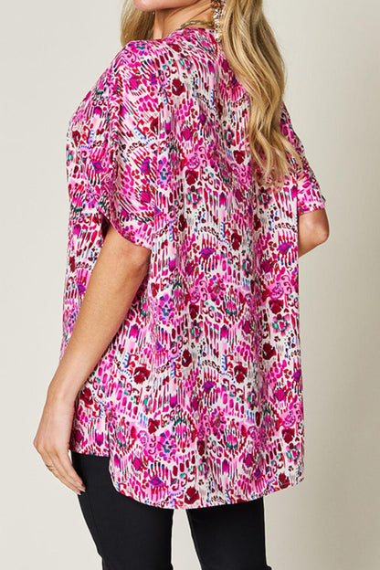 Printed V-Neck Short Sleeve Blouse