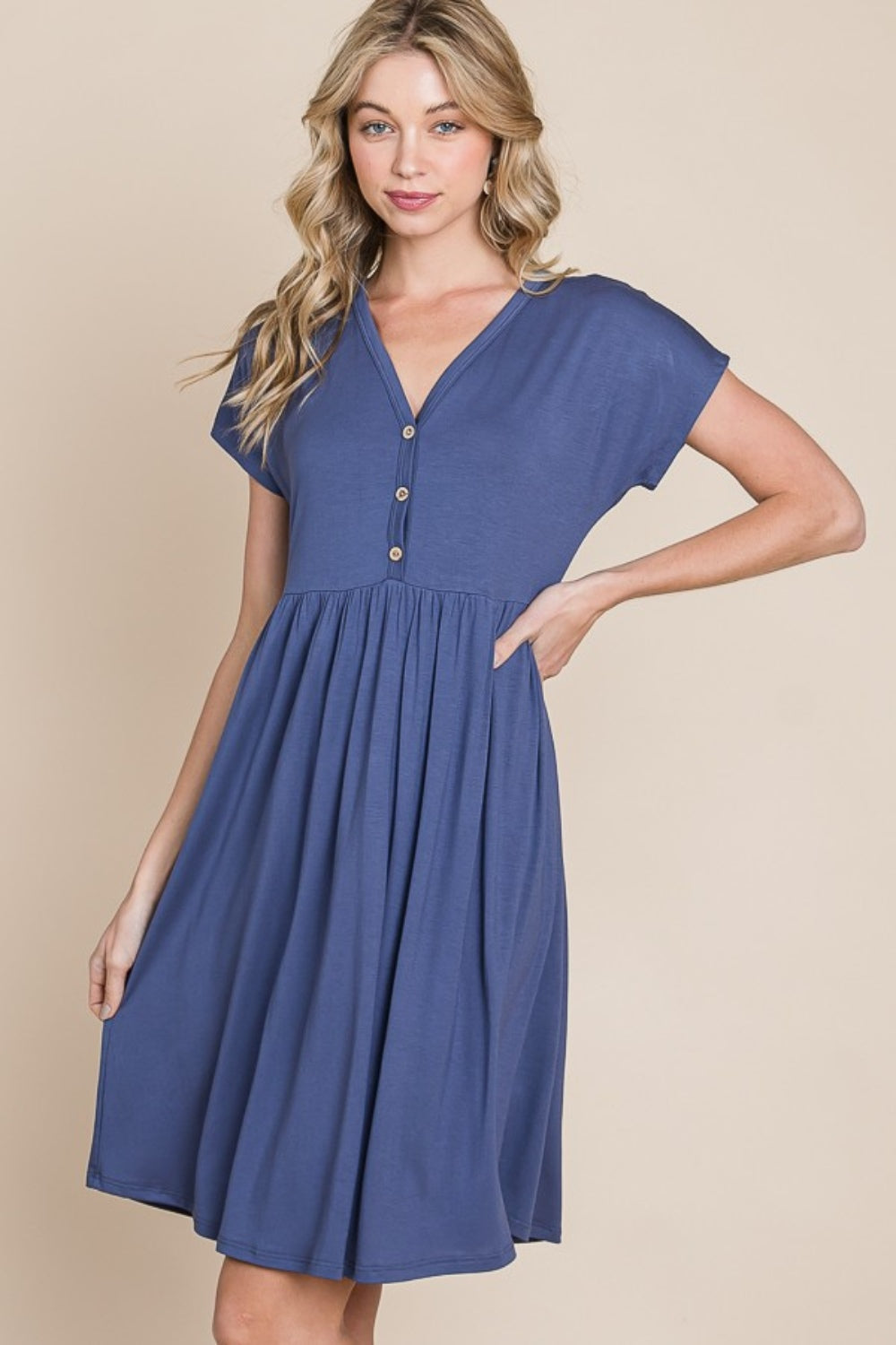 Button V Neck Short Sleeve Dress In Blue