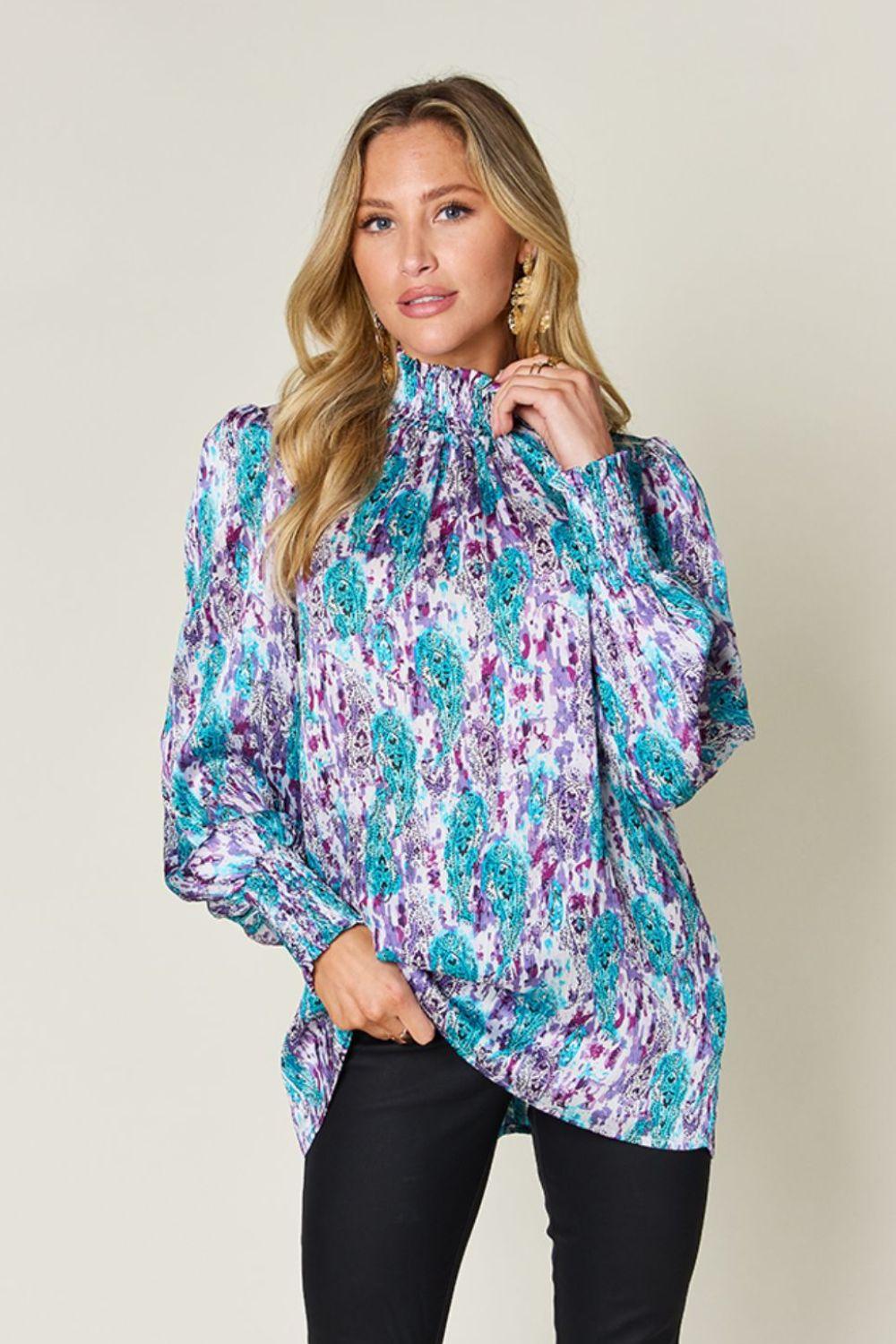 Printed Smocked Long Sleeve Blouse