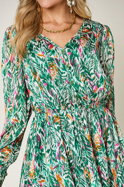 Printed Drawstring Waist Long Sleeve Dress