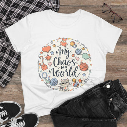 Womens Tshirts My Chaos My World Cat Mom Shirts Tops Short Sleeve Regular Fit Cotton Funny Cat Graphic Tees