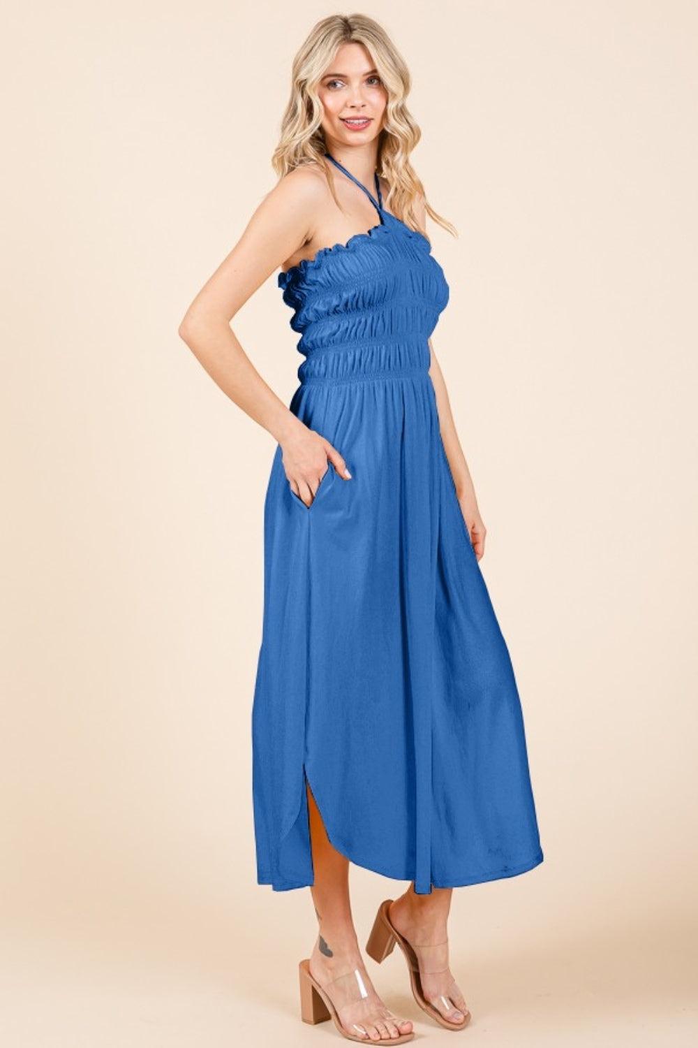 Tie Back Shirring Dress with Pockets