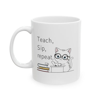 Billien Teacher's Meow Printify 11oz Coffee Mugs Holiday Picks Home & Living Kitchen Mugs Sublimation Valentine's Day Valentine's Day Picks White base