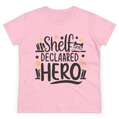 Womens Tee Self Declared Hero Book Lovers Shirts Tops Short Sleeve Regular Fit Cotton Funny Cat T-Shirt