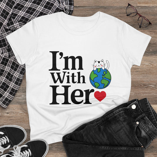 Womens T-Shirt I am With Her Planet Earth Shirts Tops Short Sleeve Regular Fit Cotton Funny Cat Tees