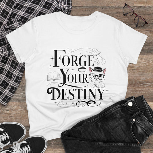 Womens Tee Forge Your Destiny Book Lovers Shirts Tops Short Sleeve Regular Fit Cotton Funny Cat T-Shirt