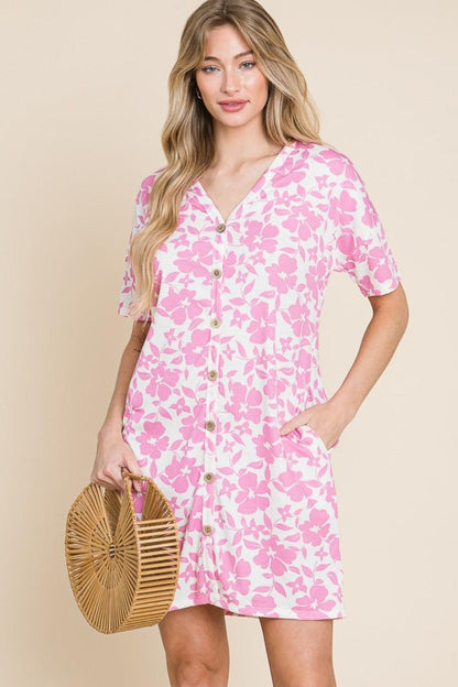 Floral V Neck Button Down  Dress With Pocketed