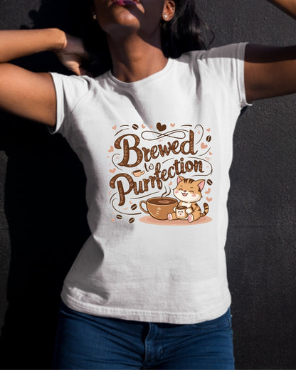 Brewed To Purrfection Coffee Cotton T-Shirt