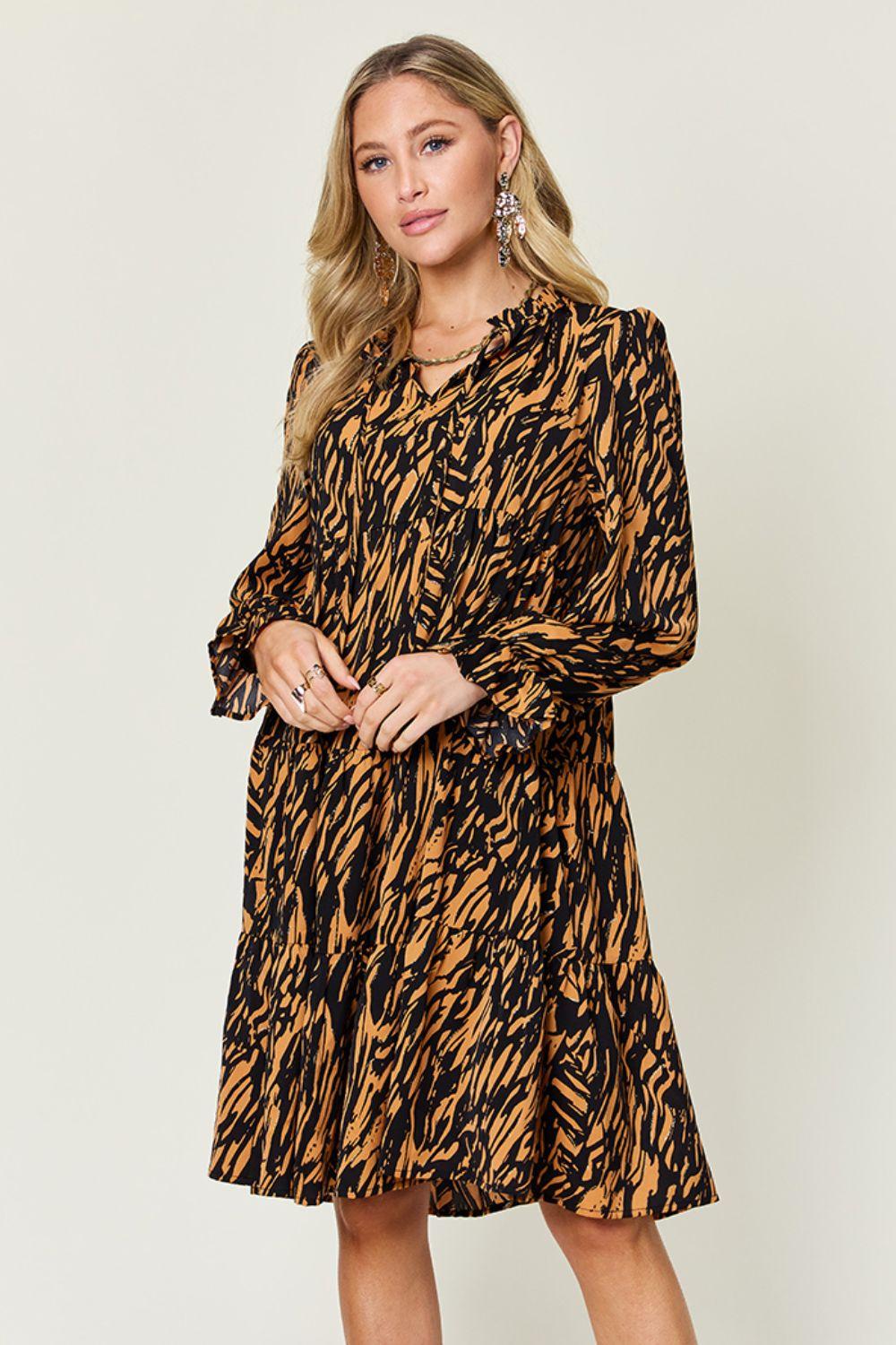 Printed Ruffle Hem Long Sleeve Dress