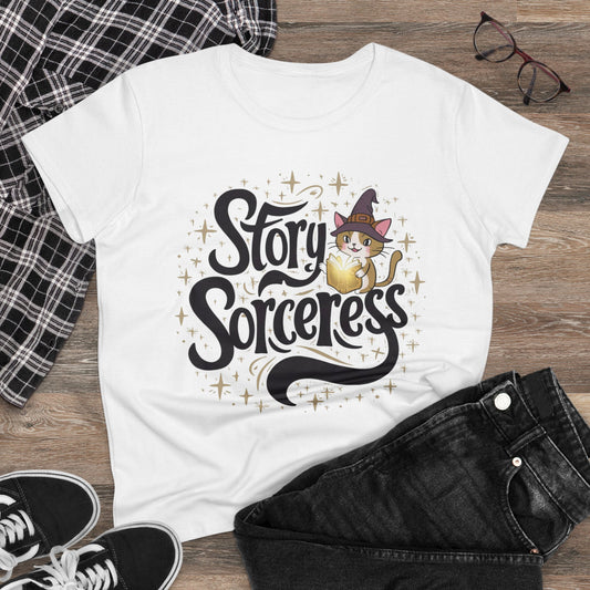 Womens Tee Story Sorcerer Book Lover Shirt Tops Short Sleeve Regular Fit Cottagecore Funny Cat T-Shirt