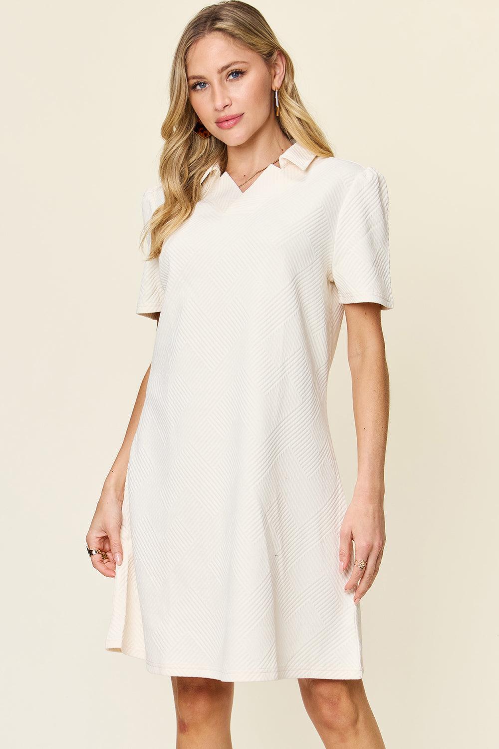 Casual Collared V Neck Short Sleeve Dress