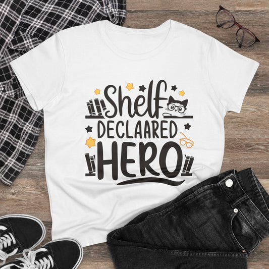 Womens Tee Self Declared Hero Book Lovers Shirts Tops Short Sleeve Regular Fit Cotton Funny Cat T-Shirt