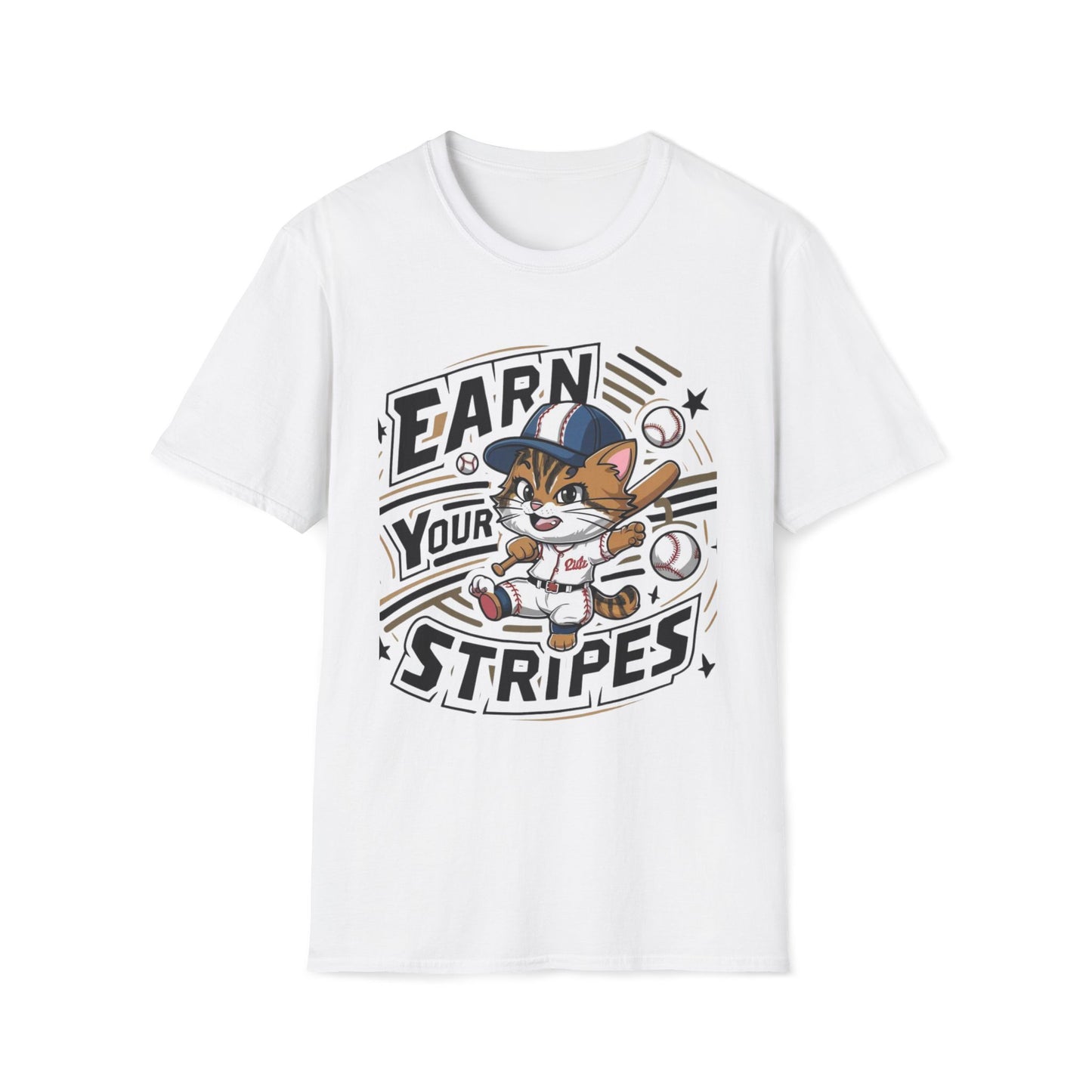 Men's tee Earn Your Stripe Baseball Player Short Sleeves Casual Regular Fit Cotton Funny Cat Baseball Tee