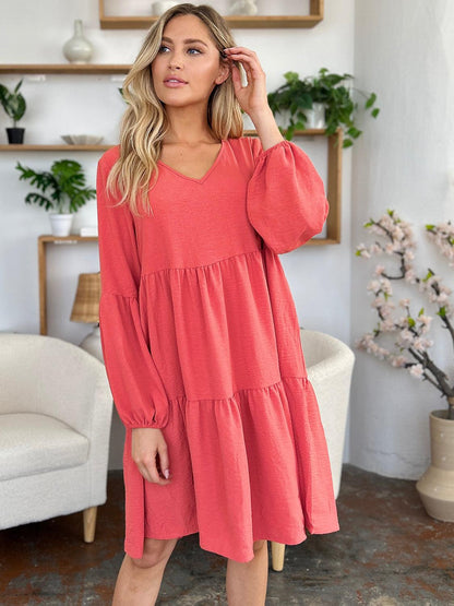 V-neck Dress with fluffy Balloon Sleeves with Pockets